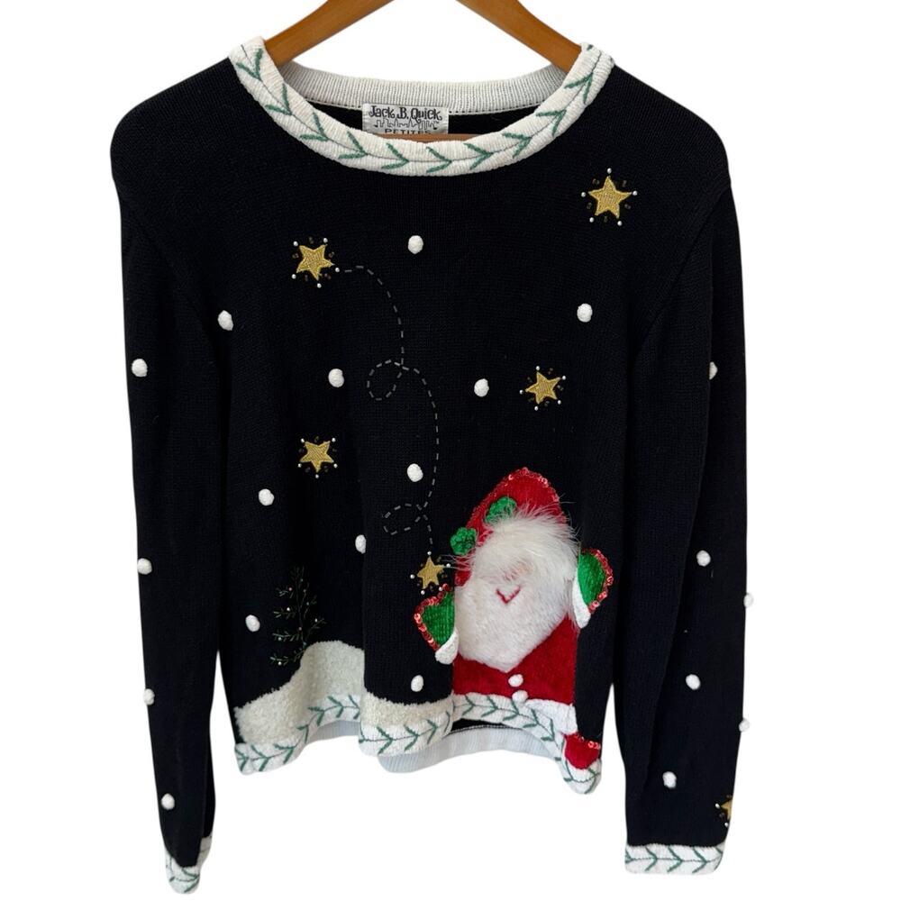 Vintage JACK B. QUICK Christmas Sweater Santa Pom Pom Knit Black Petite Medium